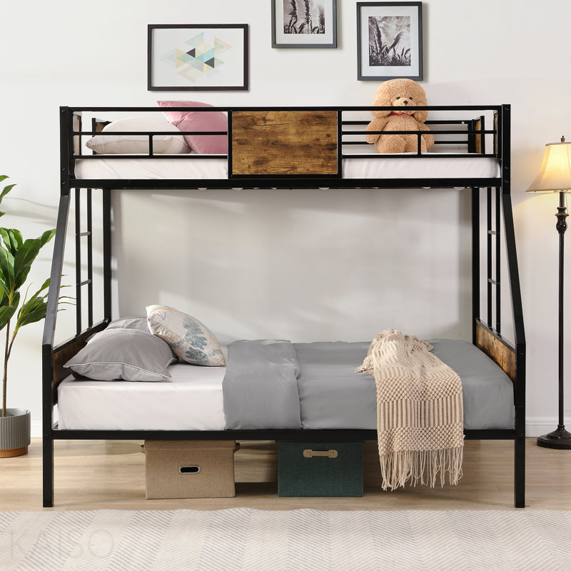 Lit superposé simple au-dessus d'un lit double en métal avec échelle à 2 côtés et garde-corps sur toute la longueur, sans sommier, grand rangement sous le lit, assemblage facile, noir et brun