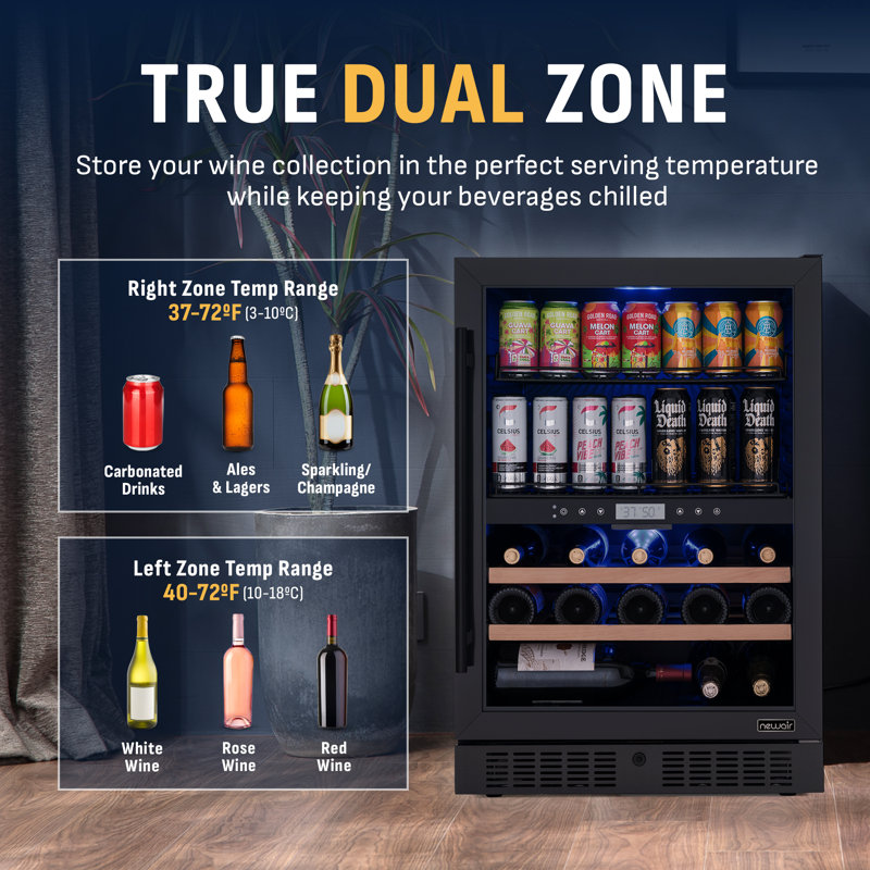 Newair Wine and Beverage Refrigerator, 24 Bottles and 100 Cans, Dual Zone, Black Stainless Steel