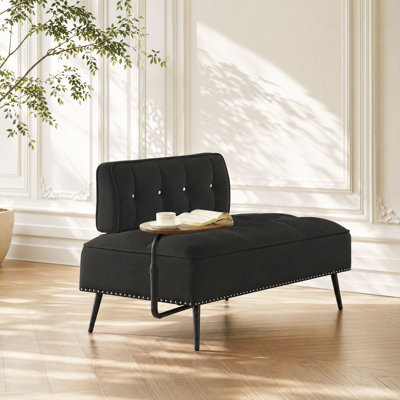 54" Modern Black Velvet Chaise Lounge With 360° Rotating Side Table, Glam Tufted Armless Settee Bench For Living Room