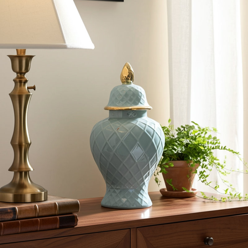 Ellport Stoneware Ceramic Decorative Jar with Lid - Traditional Home Decor Accent, Stylish Storage Container, Versatile Display Piece - 20", Blue & Gold