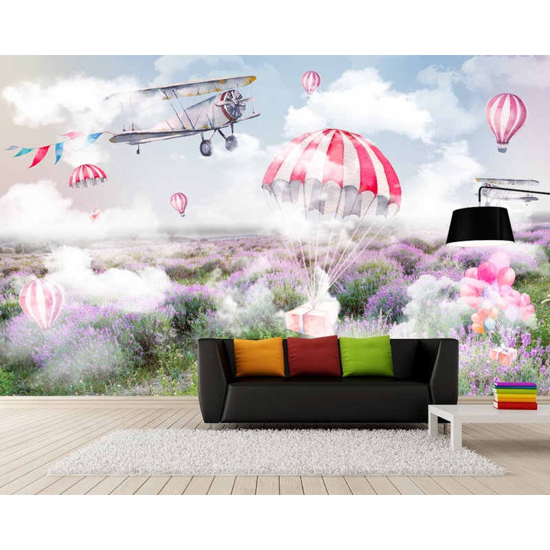 Papier peint amovible avec montgolfière avec lavandes brumeuses, L 35,04 po x l 55 po