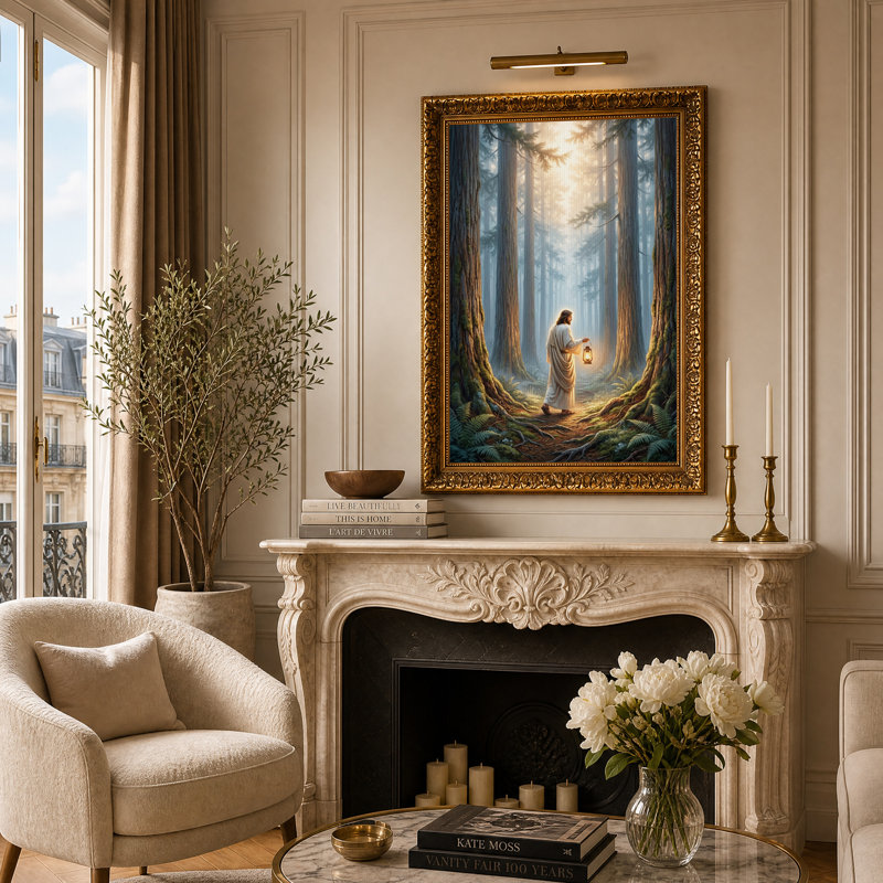 Jésus tenant une lanterne dans une forêt ensoleillée, art mural, H 24 po x l 16 po
