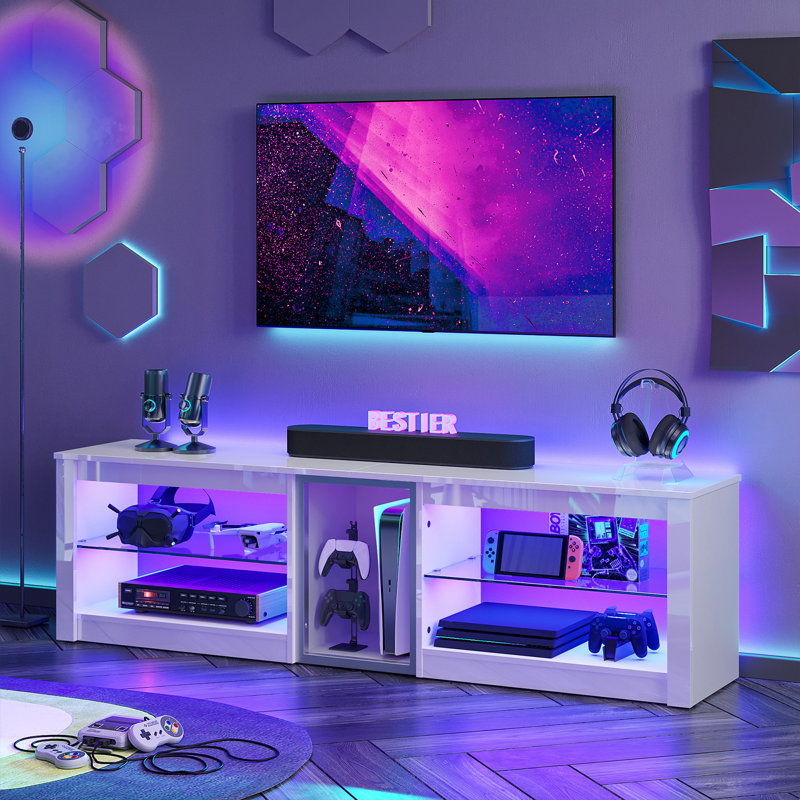 160cm High Gloss Tv Stand For up to 70", Gaming Entertainment Center, Led Tv Cabinet With Glass Shelves For Living Room