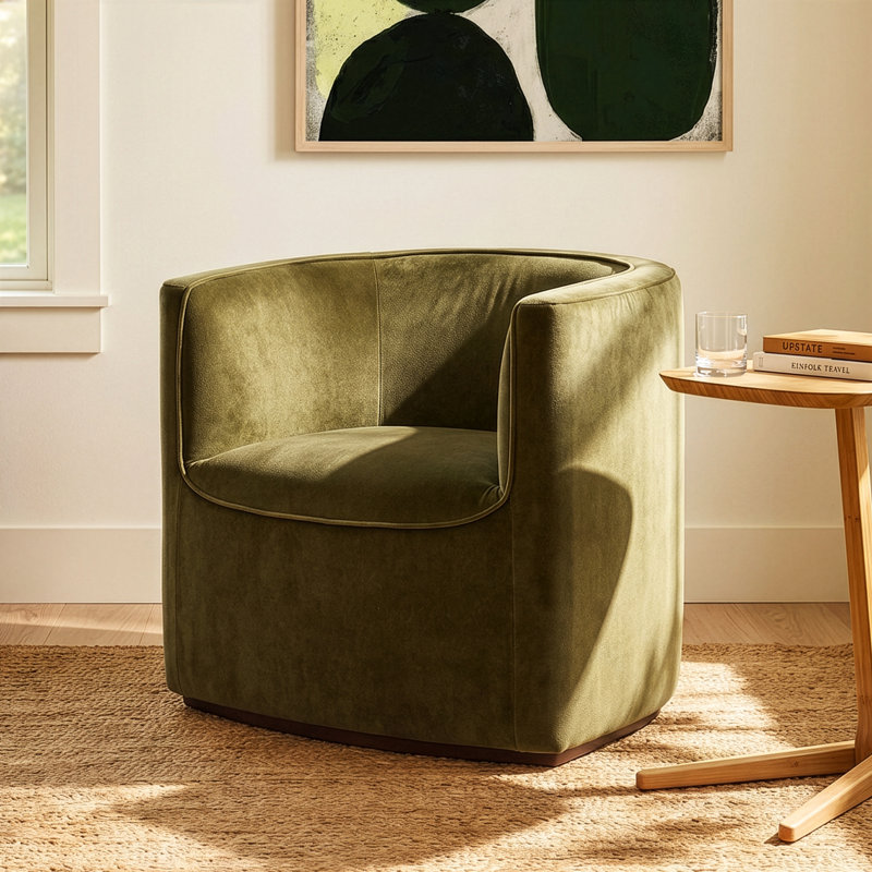 Messina Solid Wood Round Plinth Base Barrel Back Chair, Balsam Velvet
