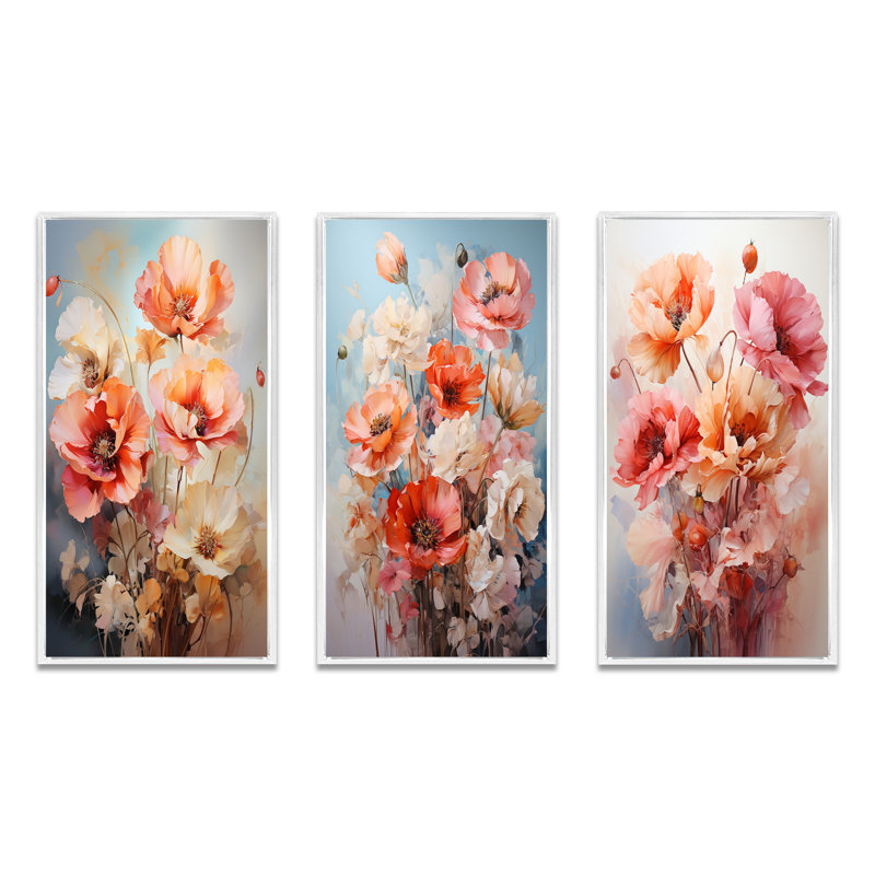 «Coral Poppies Romantic Impression», 3 pièces, Cadre flottant blanc, H 28 po x l 36 po