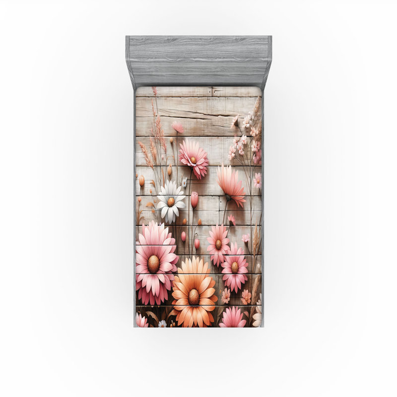 Drap-housse rustique Ambesonne_ Fleurs de prairie Cottagecore_ Saumon rose et taupe pâle, Drap-housse de taille simple