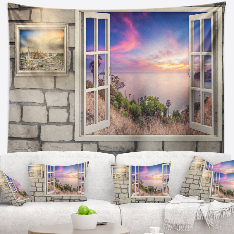 Paysage avec fenêtre sur une magnifique tapisserie, H 78 po x l 92 po