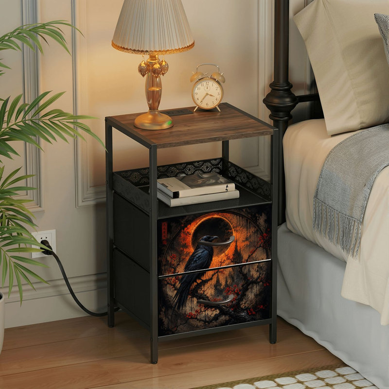 Table de chevet 2 tiroirs avec station de charge, table de chevet pour chambre avec ports USB et amp; Table de chevet noire Outlet