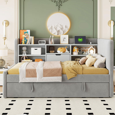 Upholstered Corner Daybed With Trundle, Bookcase And Outlets by Latitude Run