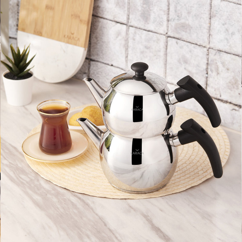 Karaca Adelya Stainless Steel Induction Teapot Set, Small, Silver Black
