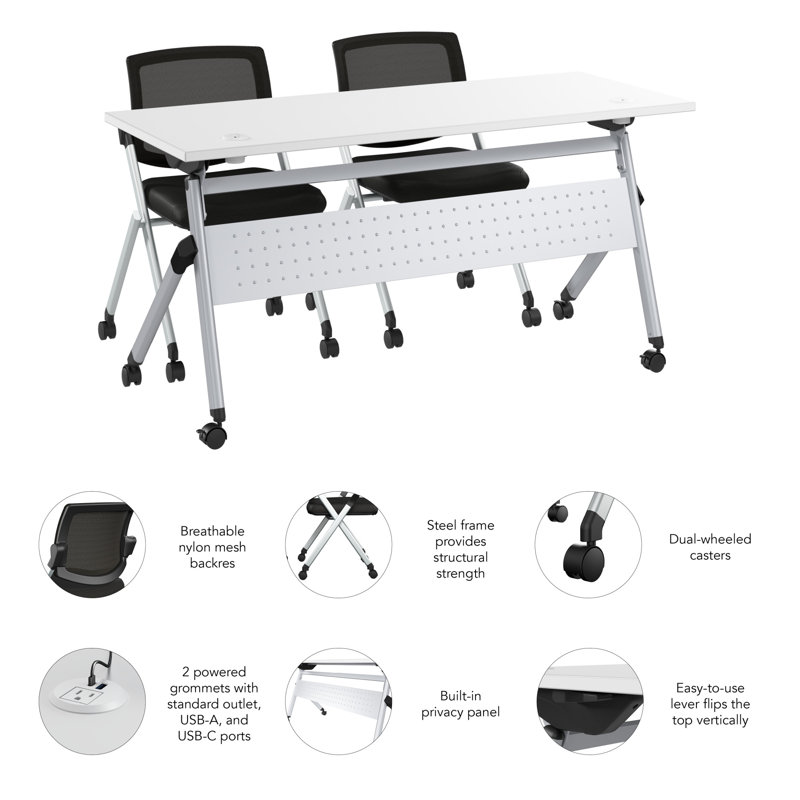 Bush Business Furniture Envision 60W Folding Training Table With Powered Grommets And 2 Chairs, 30" H x 60' L x 23.5" W
