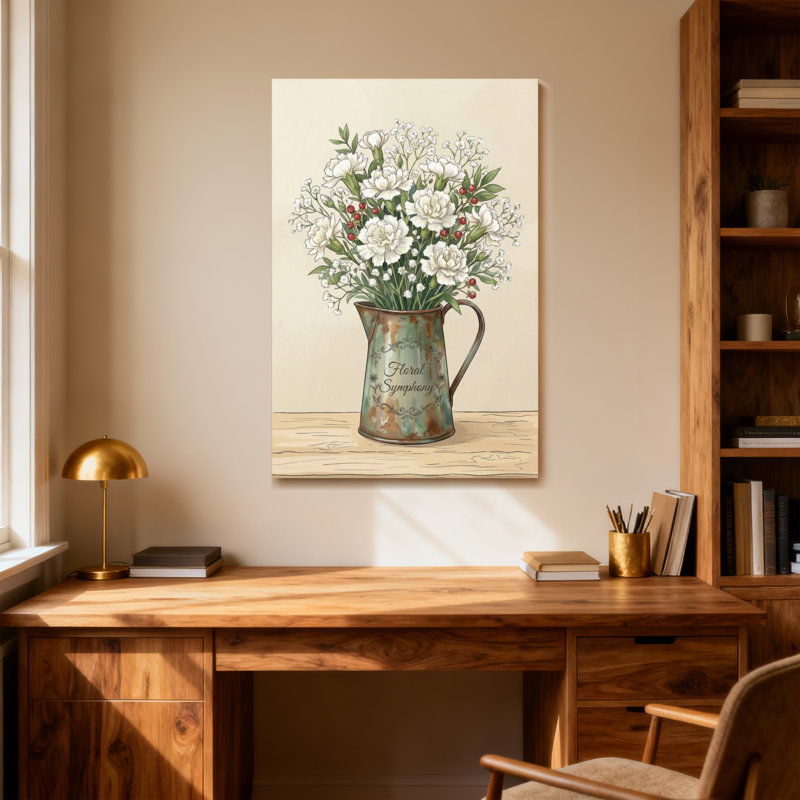 Bouquet de plantes et de fleurs dans un pichet rustique avec des fleurs blanches, H 18 po x l 12 po