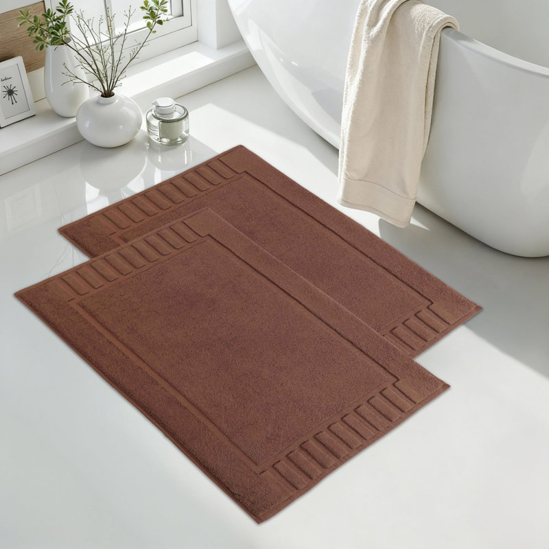 100% Cotton Thick Geometric Border Washable Bath Mats , Brown