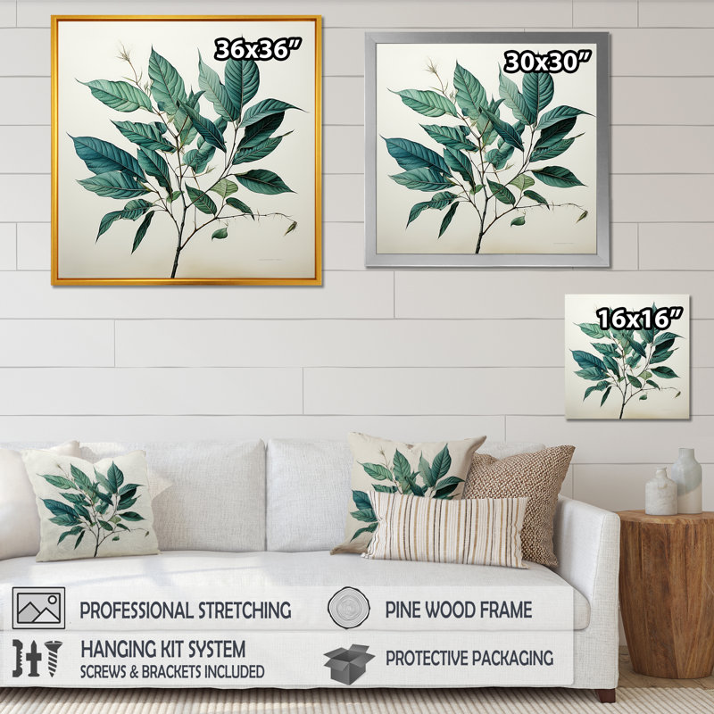 Impressions subtiles de feuilles bleu sarcelle, Cadre simple argenté, H 16 po x l 16 po x P 1 po