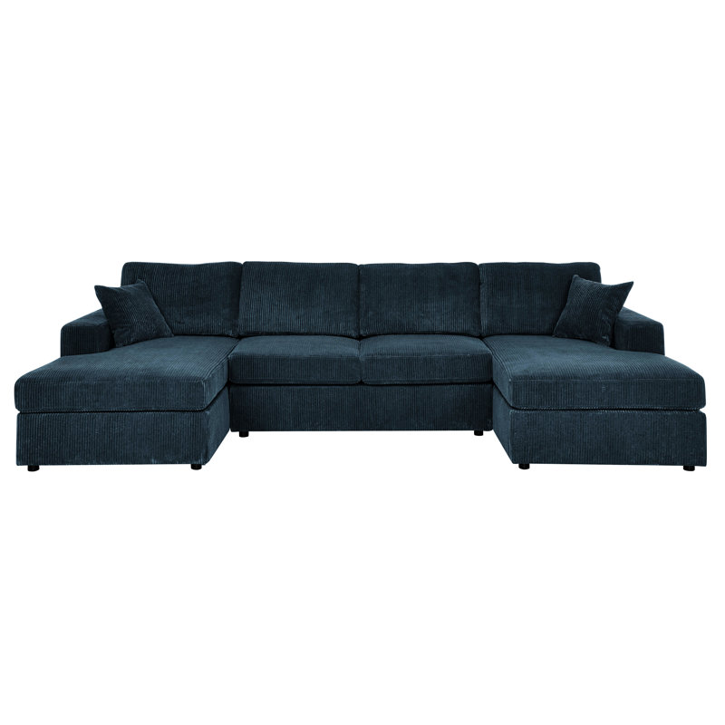 Blue Corduroy 3 - Piece Double Chaise Sectional With 4 Seats, Engineered Wood Base, Streamlined Rectangular Cushions, Low Profile Design, Removable Covers For Traditional Home Style Seat Foam Filled