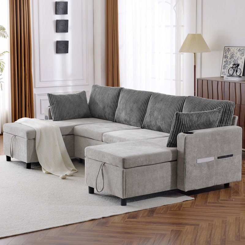 Canapé-lit modulaire de 113,4 po avec canapé-lit polyvalent avec grand espace de rangement, deux ports USB et deux porte-gobelets pour le salon