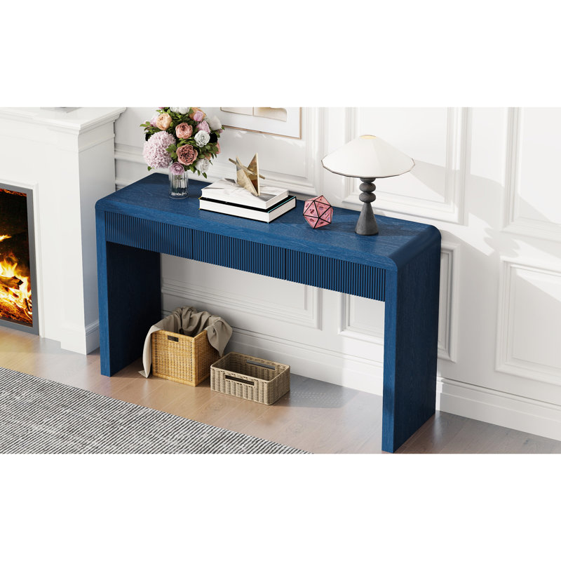 Table de style rustique bleu marine, tiroirs cannelés, fabrication, placage de bois, décor décoratif, capacité de table, console de tiroir avec design, surface lisse unie - plateau de table de 220 lb, 25