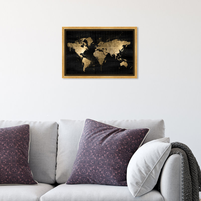 Large Mapamundi Gold - Print on Canvas, Gold Framed, 36" H x 54" W