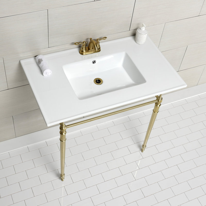 Kingston Brass Edwardian 37-Inch Ceramic Console Sink with Brass Legs, 4" Centers, White/Brushed Brass