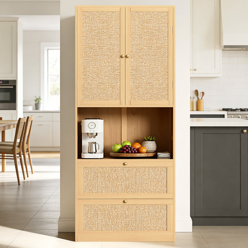 Armoire de cuisine en bois de 72 po H 72 po - Rangement pour garde-manger en rotin avec port USB, fermeture en douceur et tablette ajustable en hauteur, pour le vestibule ou la salle à manger, naturel