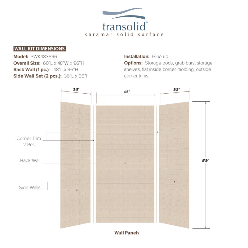 SaraMar 48'' W 36'' D 96'' H Glue Up Solid Surface Wall, Cashew, 96" H x 48" W x 36" D