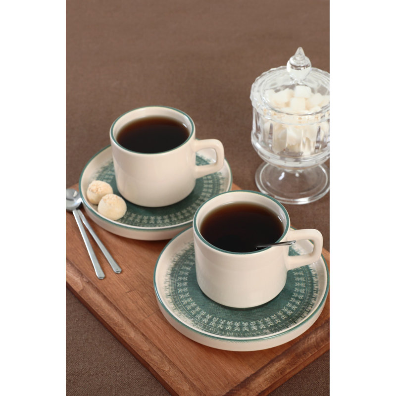 Elegant 12-Piece Tea Cup Set, White & Green, 6 Cups (6.9 oz) & 6 Saucers (5.5 in) | 100% Ceramic, Antibacterial, Thermal Shock Resistant | Dishwasher & Microwave Safe, Easy Clean, Perfect for Tea Lovers