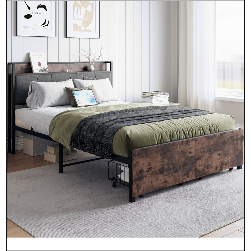 17 Stories Bed Frame, Storage Headboard with Charging Station and 2 ...