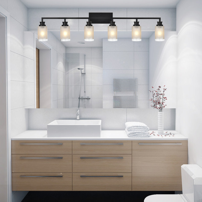 Meuble-lavabo 6 lumières noir avec abat-jour cylindrique en verre transparent et lin