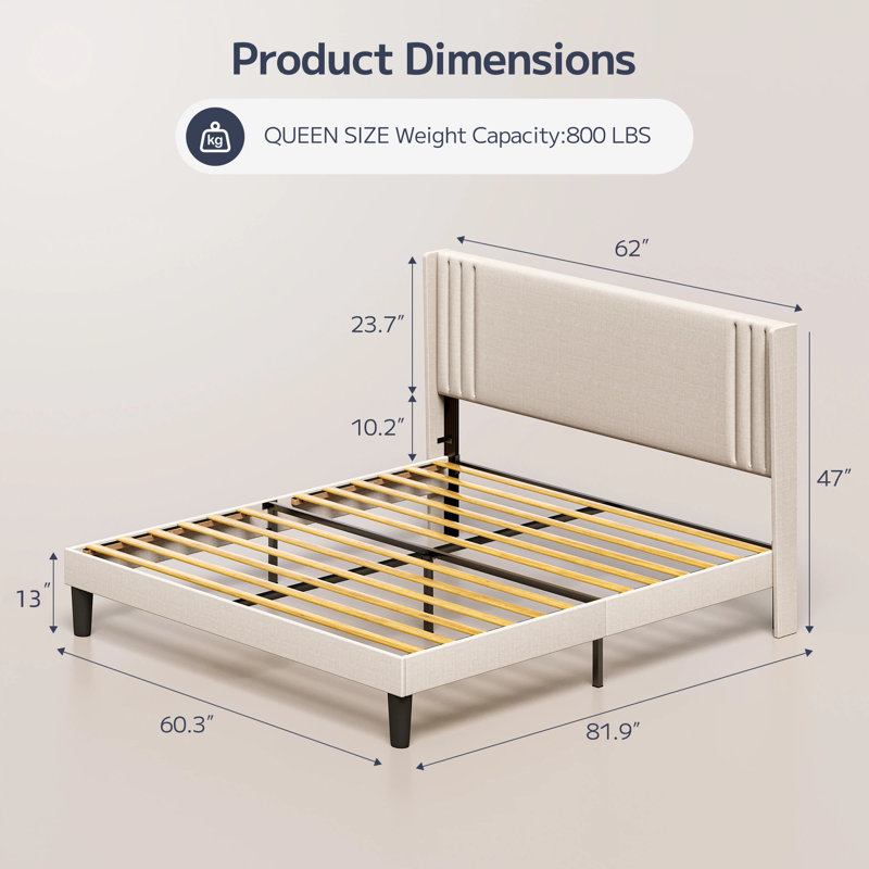 Lit plateforme tapissier Masad avec tête de lit à oreilles en tissu et lattes en bois, Beige, Queen