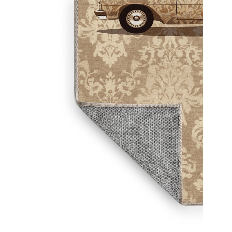 Machine Washable Vehicles And Transportation Classic Sedan Car Vintage Damask Rug in Brown – Beige Binding, 5x7