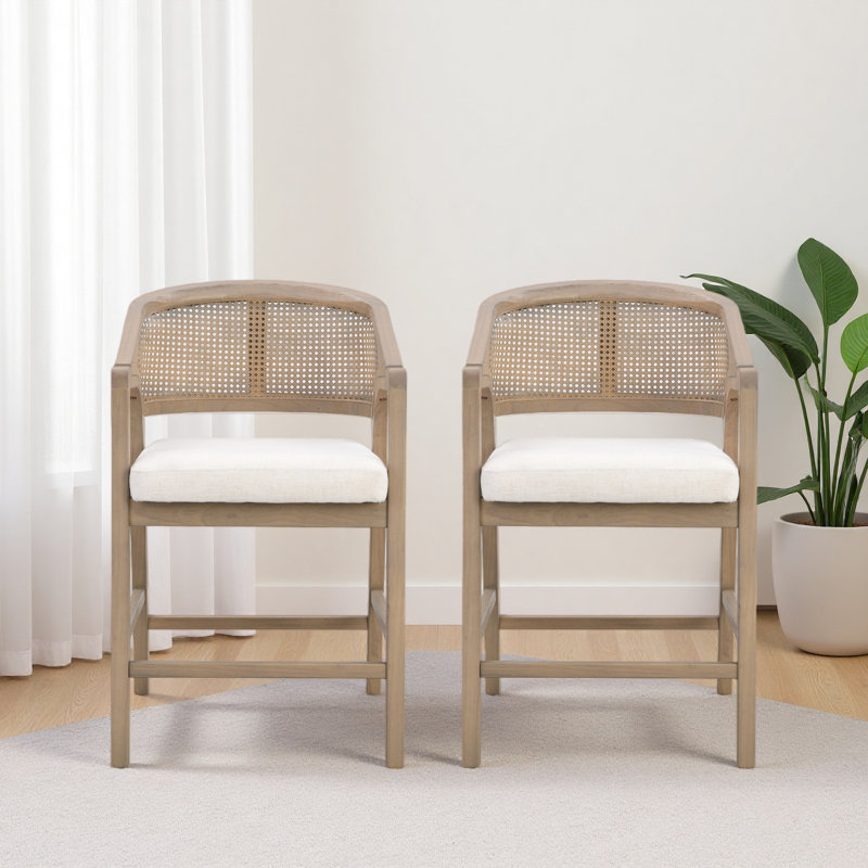 Tabouret de comptoir en bois avec dossier en rotin et ensemble de 2, Frêne clair