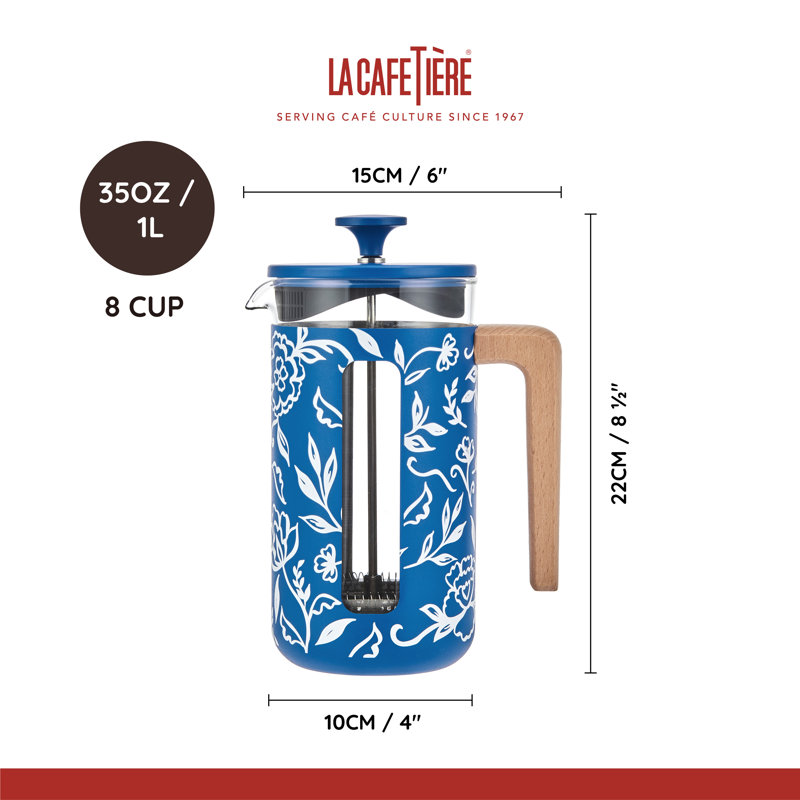 La Cafetière Pisa 8 Cup 1L Stainless Steel Cafetiere, Blu Fiorato Heat Retaining French Press with Wooden Handle and Comfortable Push Plunger