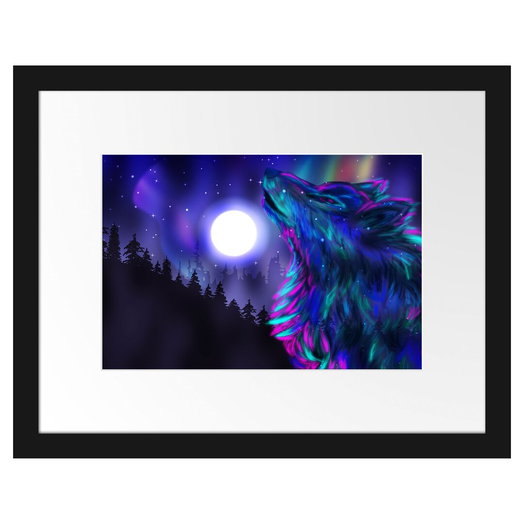 Gerahmtes Poster Abstrakter Wolf mit Mond