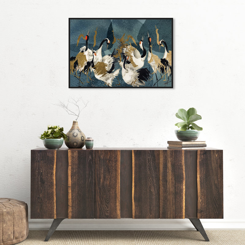 «Crane Love» par Oliver Gal, Toile avec cadre flottant noir, H 21 po x l 31 po x P 1,75 po