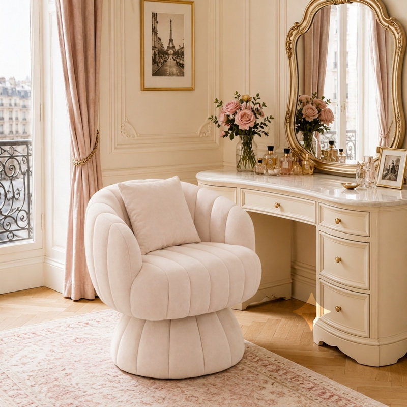 Fauteuil demi-tonneau rembourré rembourré avec coussin, Velours beige
