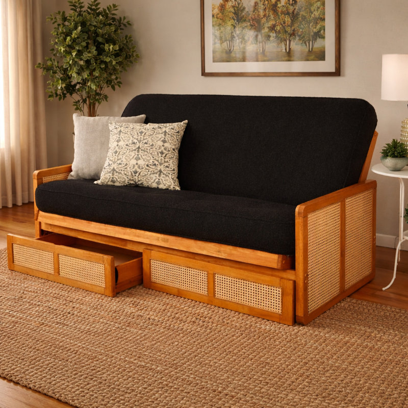 Futon double avec rangement Bridyn avec matelas, Noir Bridyn