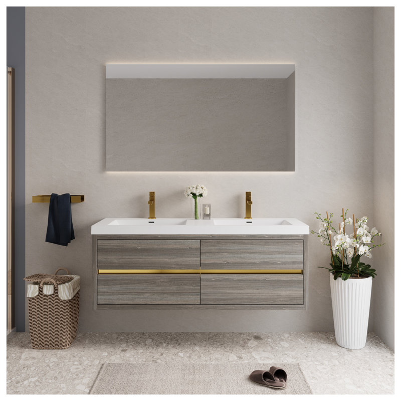 Ensemble de meuble-lavabo double 60 po avec plateau en résine de pierre et tiroirs à fermeture douce en frêne gris 60 po