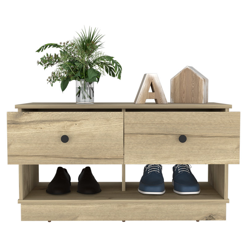 Hamilton Nightstand and Shoe Rack with Two Drawers and Two Open Shoe Storage, Light Oak, Beige