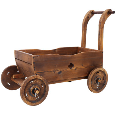 Mobile Wooden Wagon Planter Box With 4 Wheels & Handle, Rustic Fir Wood Rolling Flower Cart With Drainage Holes, Decorative Planter For Garden, Patio, Balcony, Indoor & Outdoor Use – Brown