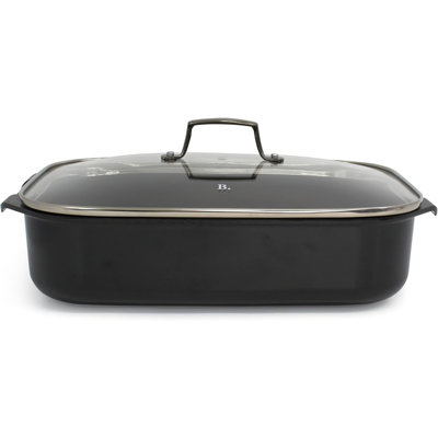 Blu. Plat de cuisson avec couvercle et grille à rôtir, non toxique, céramique antiadhésive, sans PFA / pfoa, convient à toutes les surfaces de cuisson, brosse de nettoyage en bambou