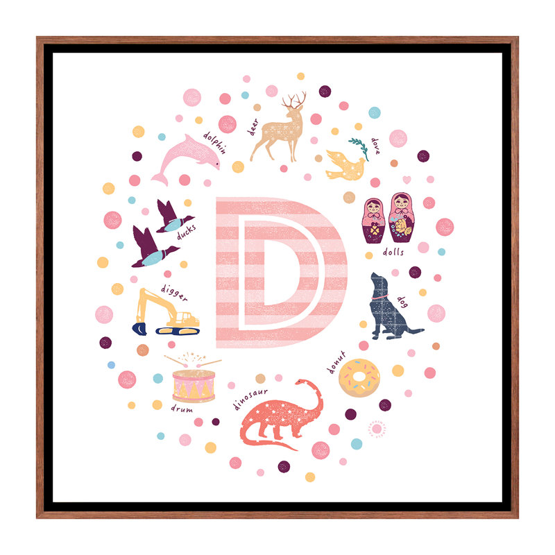 Lettre illustrée D rose - impression, Pas de tapis, Toile avec cadre brun, H 37 po x l 37 po x P 1,5 po