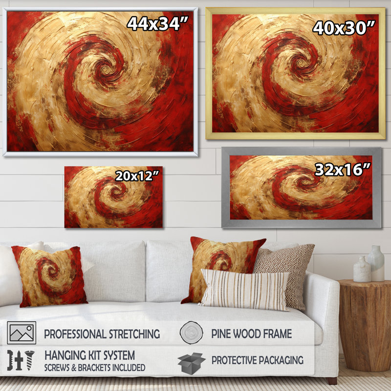 «Red Gold Fusion Spiral III», art mural abstrait en spirale pour le salon, H 16 po x l 32 po x P 1 po, Toile tendue