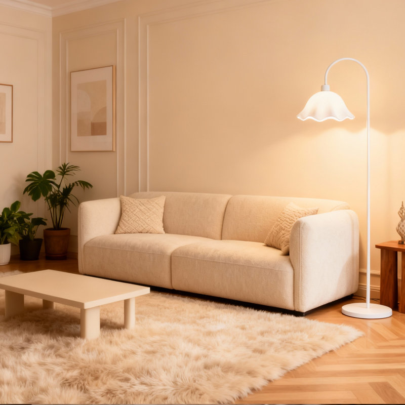Modern White Floor Lamp, A Petal-shaped Lampshade & A Uniquely Designed Bendable Lamp Post