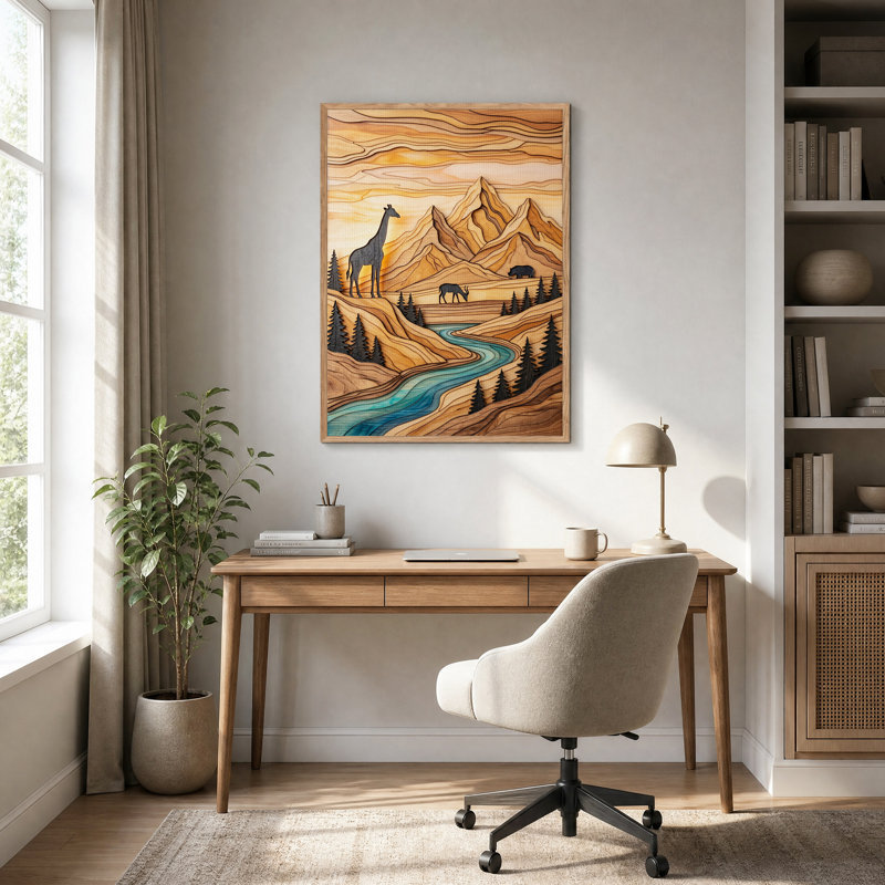 Girafe dans un paysage de montagne et de rivière en bois stratifié, tableau sur toile, H 36 po x l 24 po