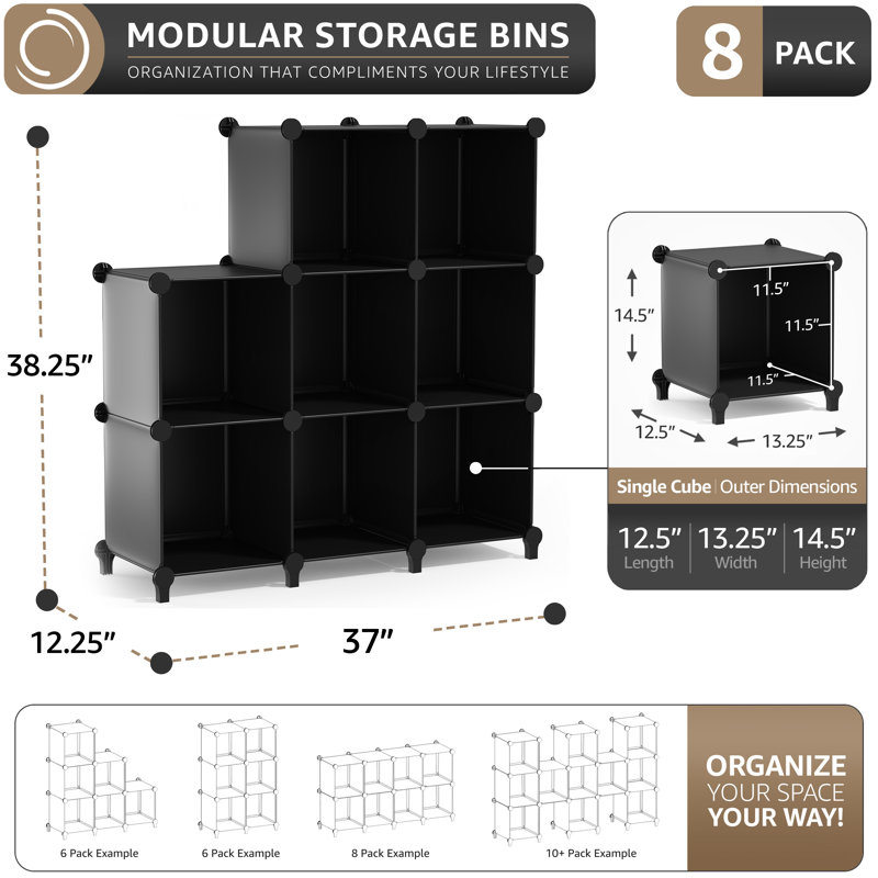 Sorbus Cube Storage Organizer – 8 Pack - Waterproof Cubby Shelf for Closet, Toys, Books, Shoes, Décor – Space-Saving Bookshelf for Bedroom, Living Room, Kids’ Room, or Office, Black, Set of 8