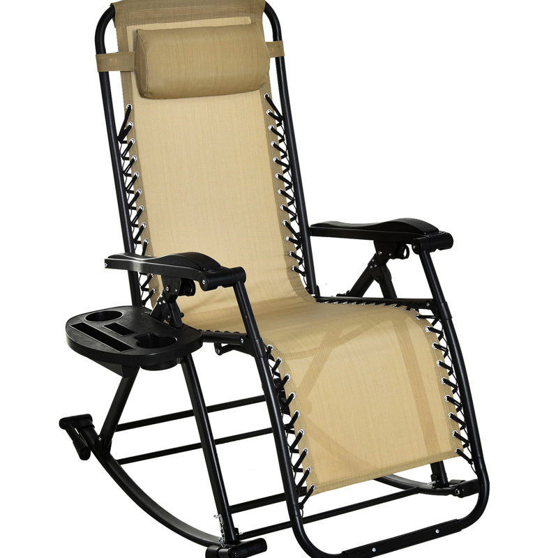 Foldable Reclining Zero Gravity Lounge Rocker, With Pillow, Cup & Phone Holder For Outdoor Chillax, Beige Rocker Holder, Fun,