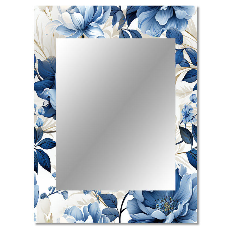 Fayean Serene Blue Garden Blooms Floral Pattern - Floral Decorative Mirror, Floral Large Wall Mirror, Printed Metal Art