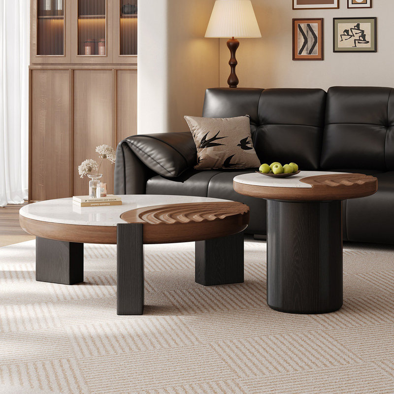 Ensemble de tables basses rondes en noyer fritté et en bois manufacturé, Walnut / Black