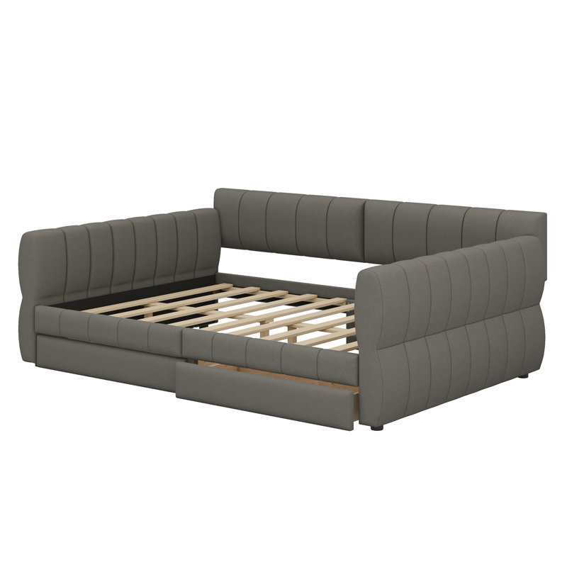 Upholstered Platform Bed With USB And 2 Drawers, Gray
