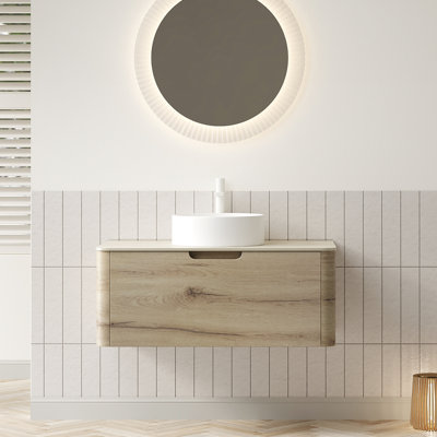 Meuble-lavabo de salle de bain 36 po avec évier Xai, armoire de rangement murale en contreplaqué avec tiroir, cuve en céramique ronde blanche et plateau en pierre frittée à motif de travertin Roma, pré-assemblé, couleur grain de bois de chêne blanc